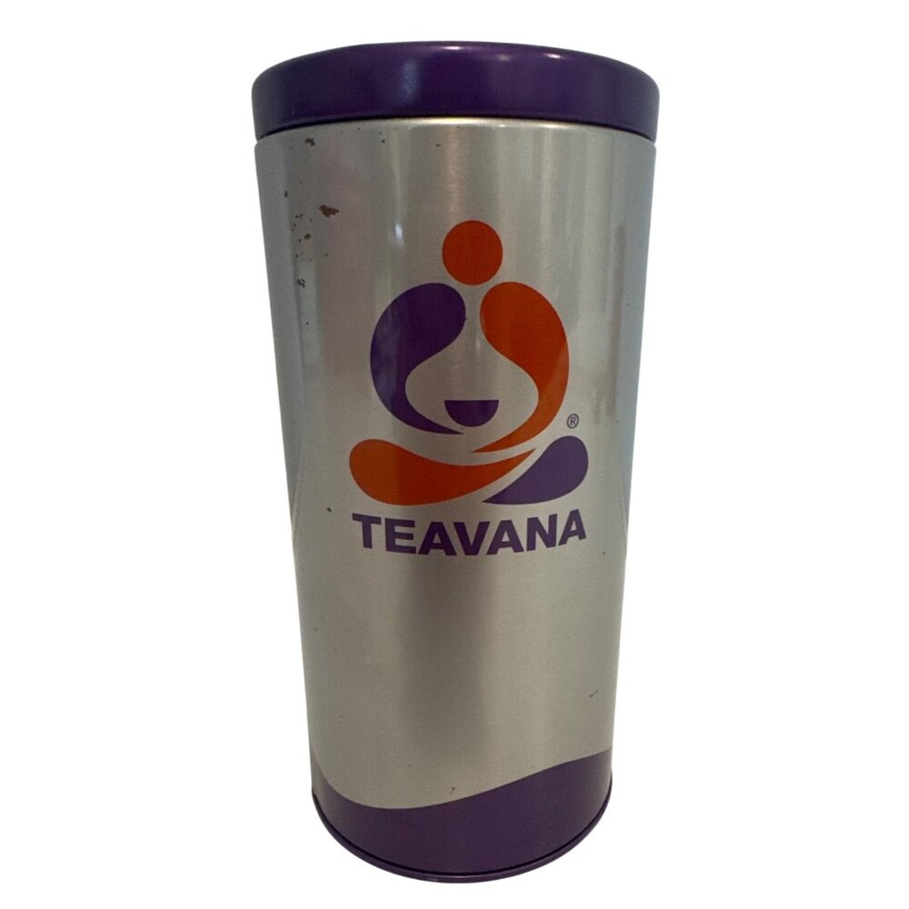 Vintage Teavana Tea Tin Canister 8 Oz Purple/Silver 6.75" x 3.25" AirTight EMPTY